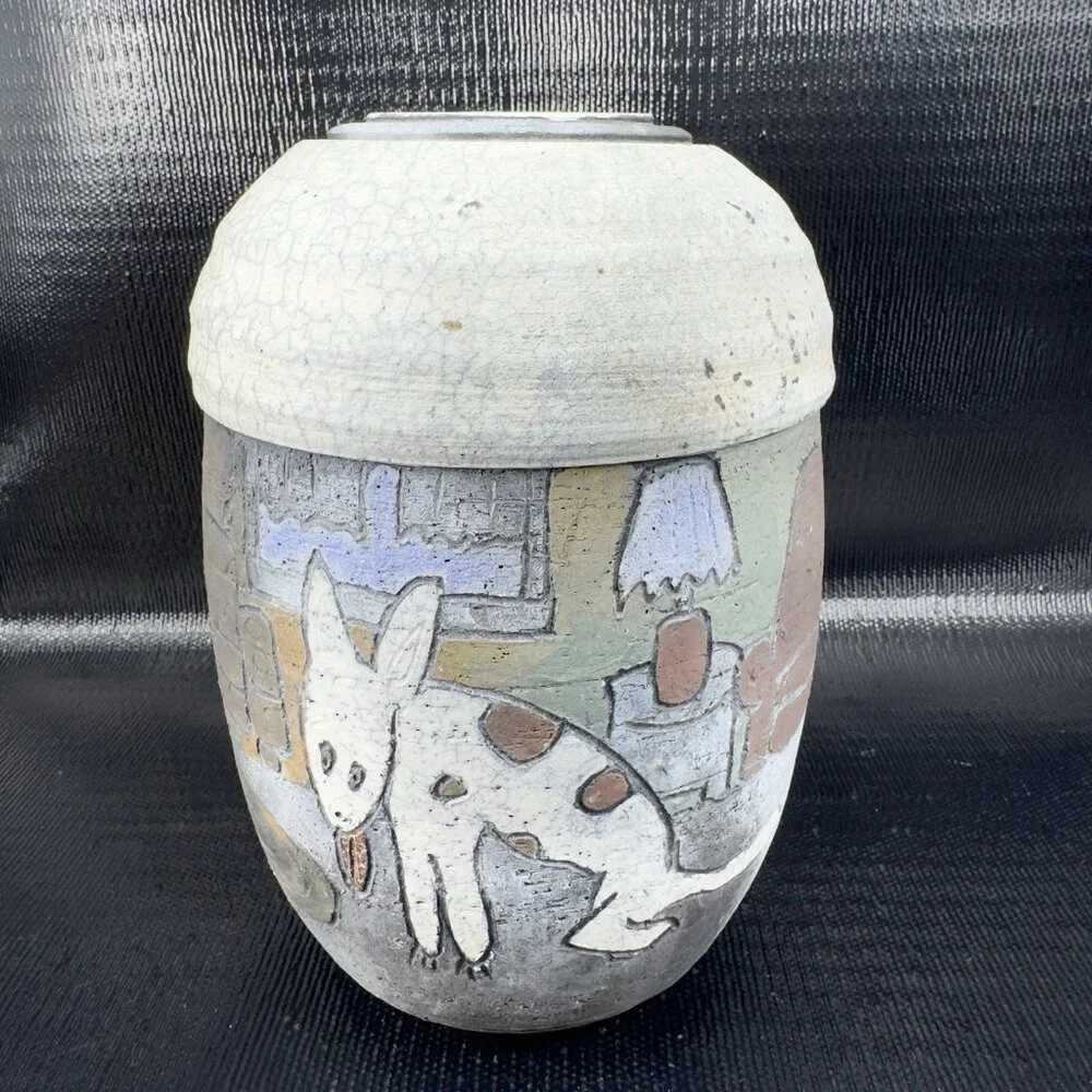Vintage Hand Made Raku Pottery Large Vase Vessel Dog‎ Fish Couch Signed READ